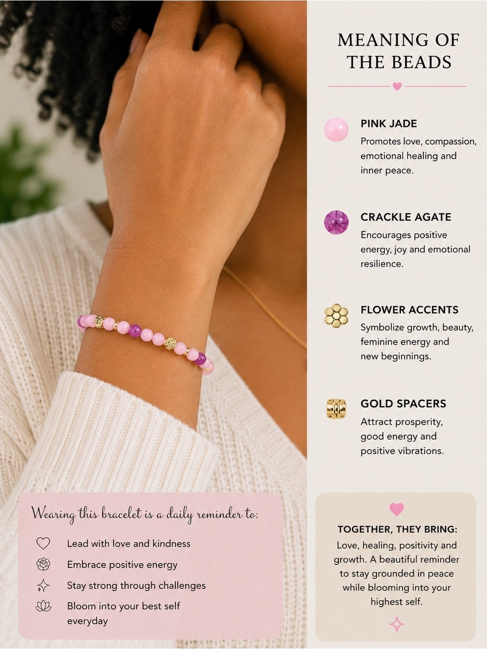 Pink Jade & Crackle Agate Bracelet with Gold Flower Accents